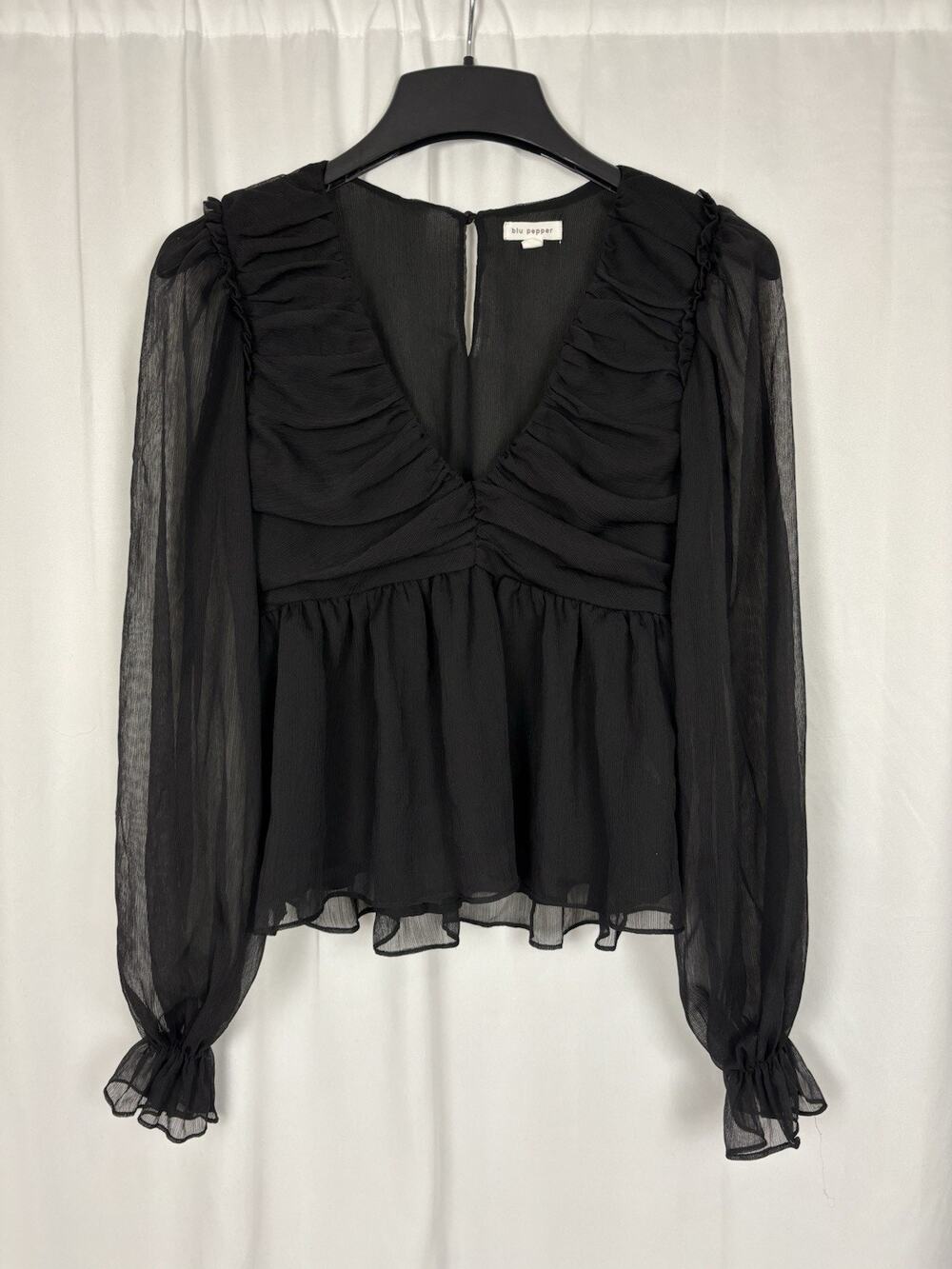 Blu Pepper Womens Long Sleeve V-neck Black Sheer Long Sleeve Blouse S Whimsygoth